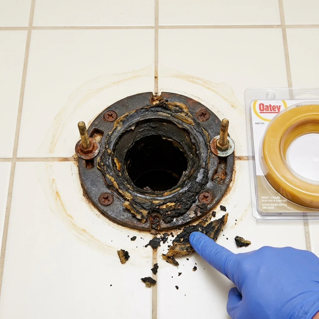 Failed wax ring showing water seepage at the base of a toilet in a Mount Vernon, GA home