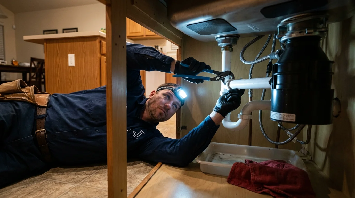 P-trap and supply line connections under a kitchen sink showing a common leak point in Mount Vernon, GA